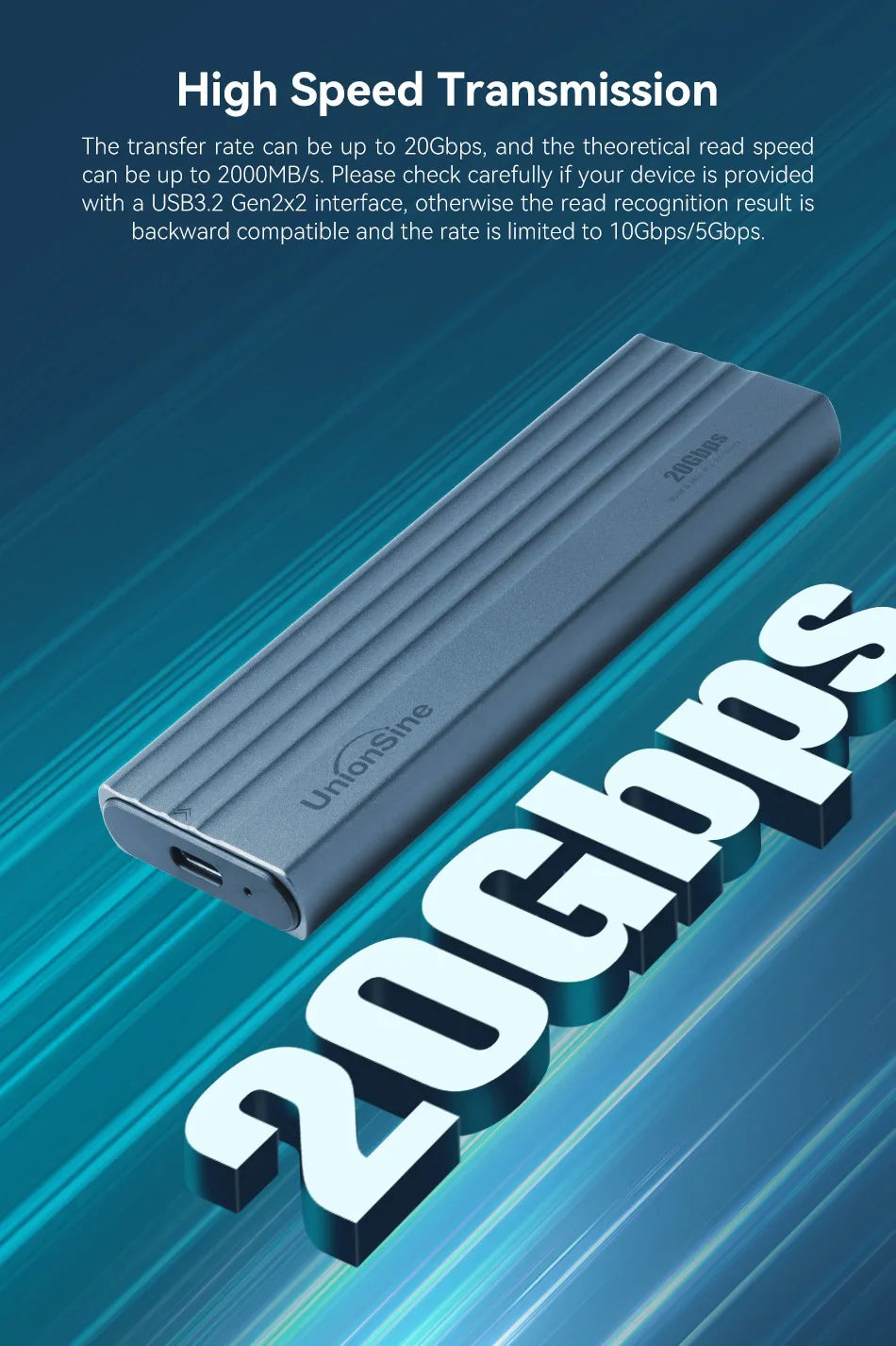 UnionSine 20Gbps M.2 PCIe SSD Case – Dual Protocol M.2 to USB Type-C 3.1 Adapter for NVMe, NGFF, and SATA SSD