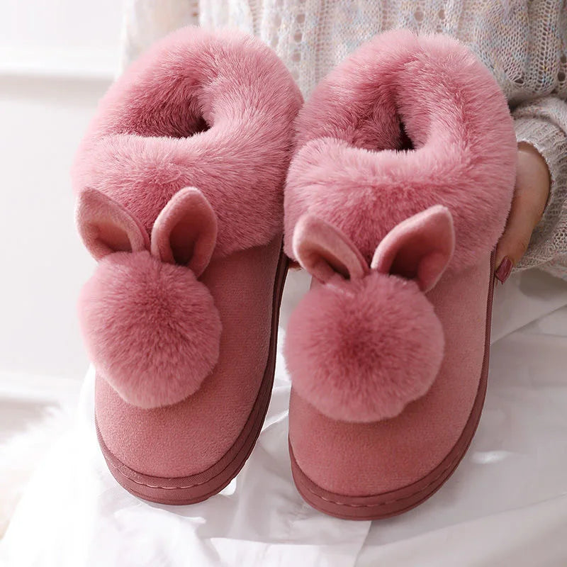 Unisex Winter Plush Slippers – Thick Sole Cozy Faux Rabbit Fur Indoor Slides with Closed Back for Couples