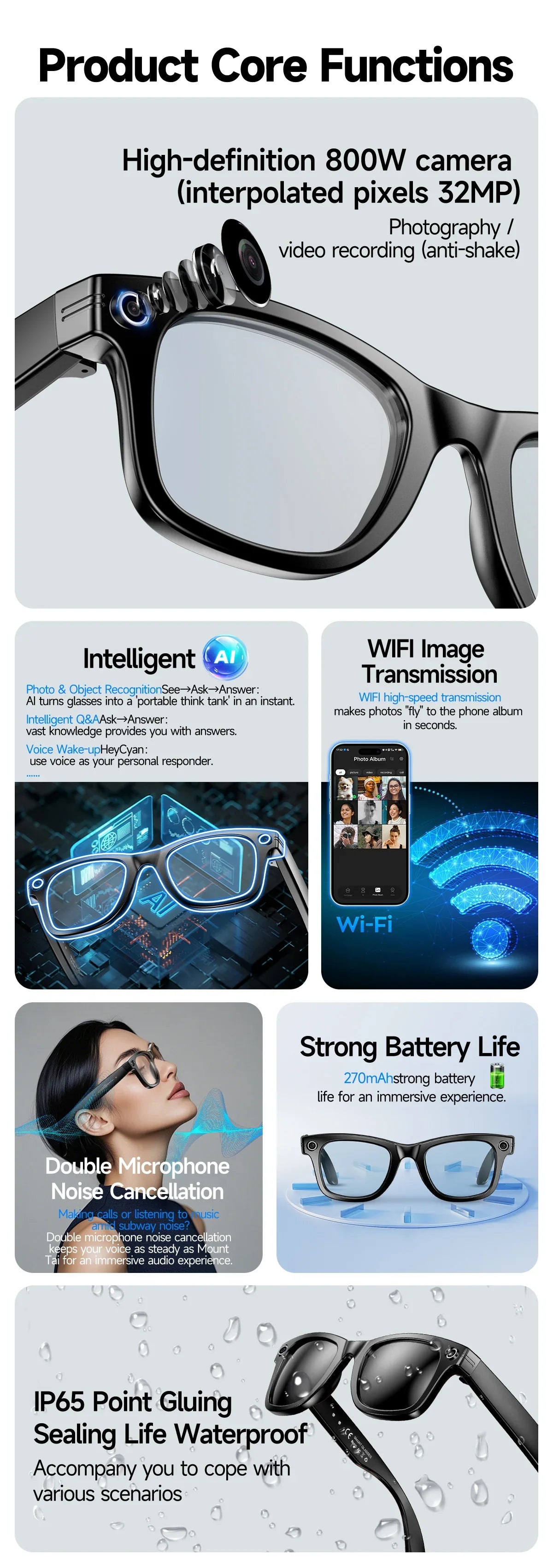 8MP Smart Glasses — AI Photo Recognition, Video Recording, Translation, Bluetooth, IP65 Waterproof, 270mAh Battery