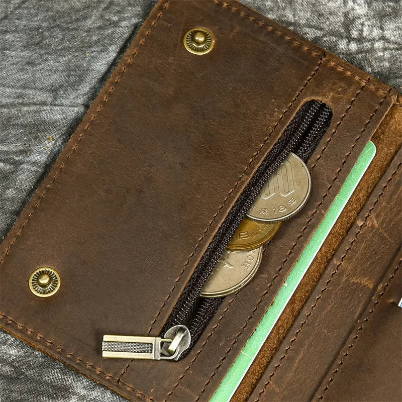 Men's Genuine Leather Short Wallet with Chain – Zipper Clutch, Trifold Purse, Card Holder & Coin Purse for Men