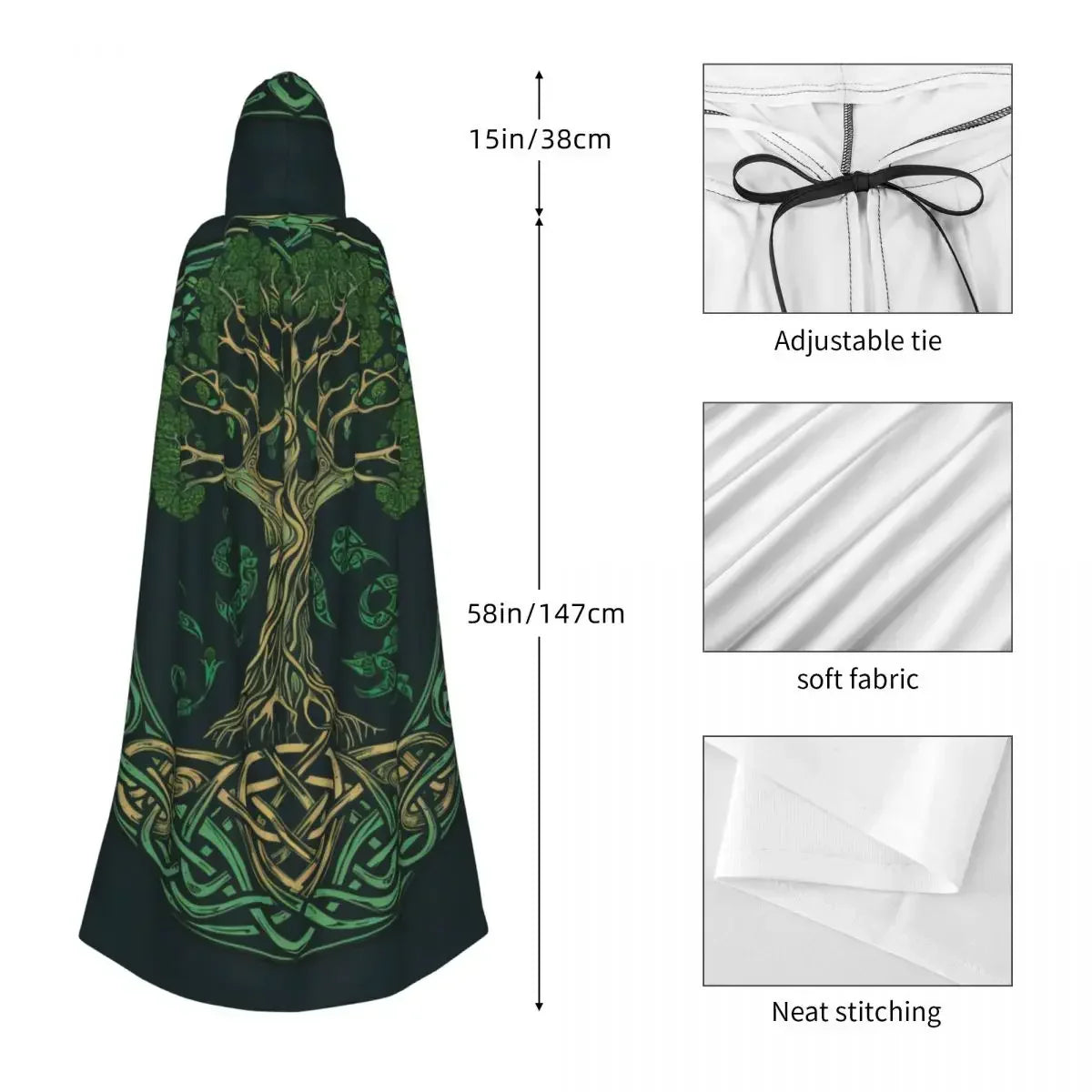 Tree of Life Celtic Cloak – Hooded Medieval Costume for Adults, Witch, Wicca, Vampire & Elf Purim Carnival Party