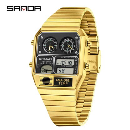 SANDA 3192 LED Electronic Men's Watch – Square Casual Multi-Function Thermometer Stopwatch Chronograph