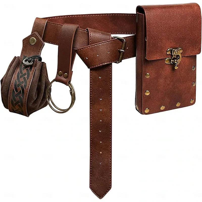 Medieval Cosplay Leather Belt Set – Copper Coin Waist Bag for Renaissance Dress, Steampunk Role-Playing & Halloween Costume