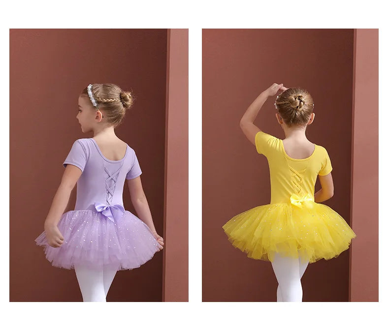 Girls Ballet Tutu Dress — Kids Short & Long Sleeve Tulle Leotard with Bowknot for Dance, Gymnastics & Party