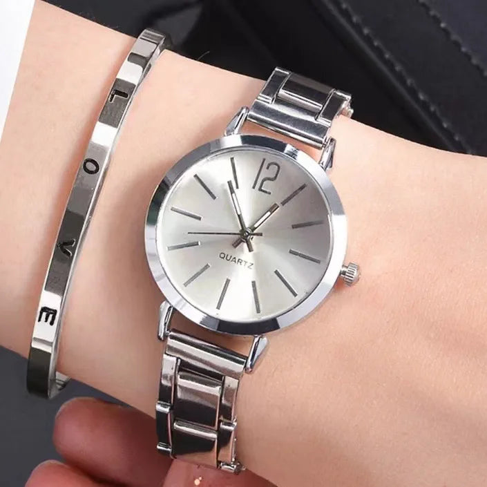 2PCS Set Luxury Women's Watches – Simple Dial, Hollow Strap Gold Bracelet Quartz Wristwatch for Students & Ladies