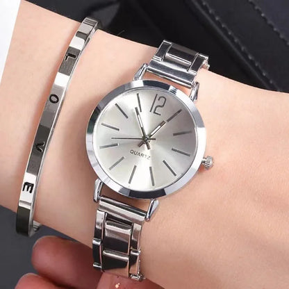 2PCS Set Luxury Women's Watches – Simple Dial, Hollow Strap Gold Bracelet Quartz Wristwatch for Students & Ladies
