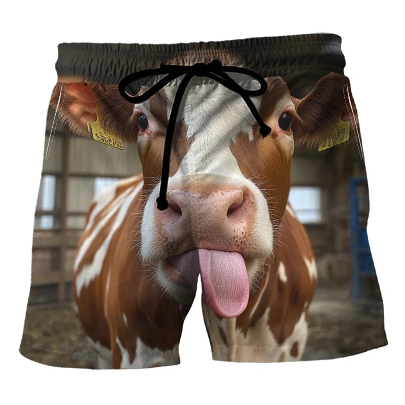 Funny Cow Print Beach Shorts - Men’s 3D Animal Print Summer Swim Trunks