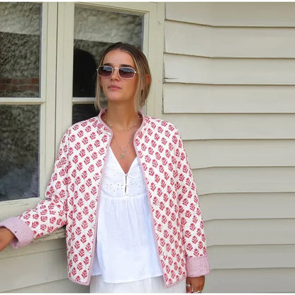 2025 Women’s Printed Quilted Padded Jacket – Collared Cotton Coat with Contrast Piped Pockets, Casual Autumn Outerwear