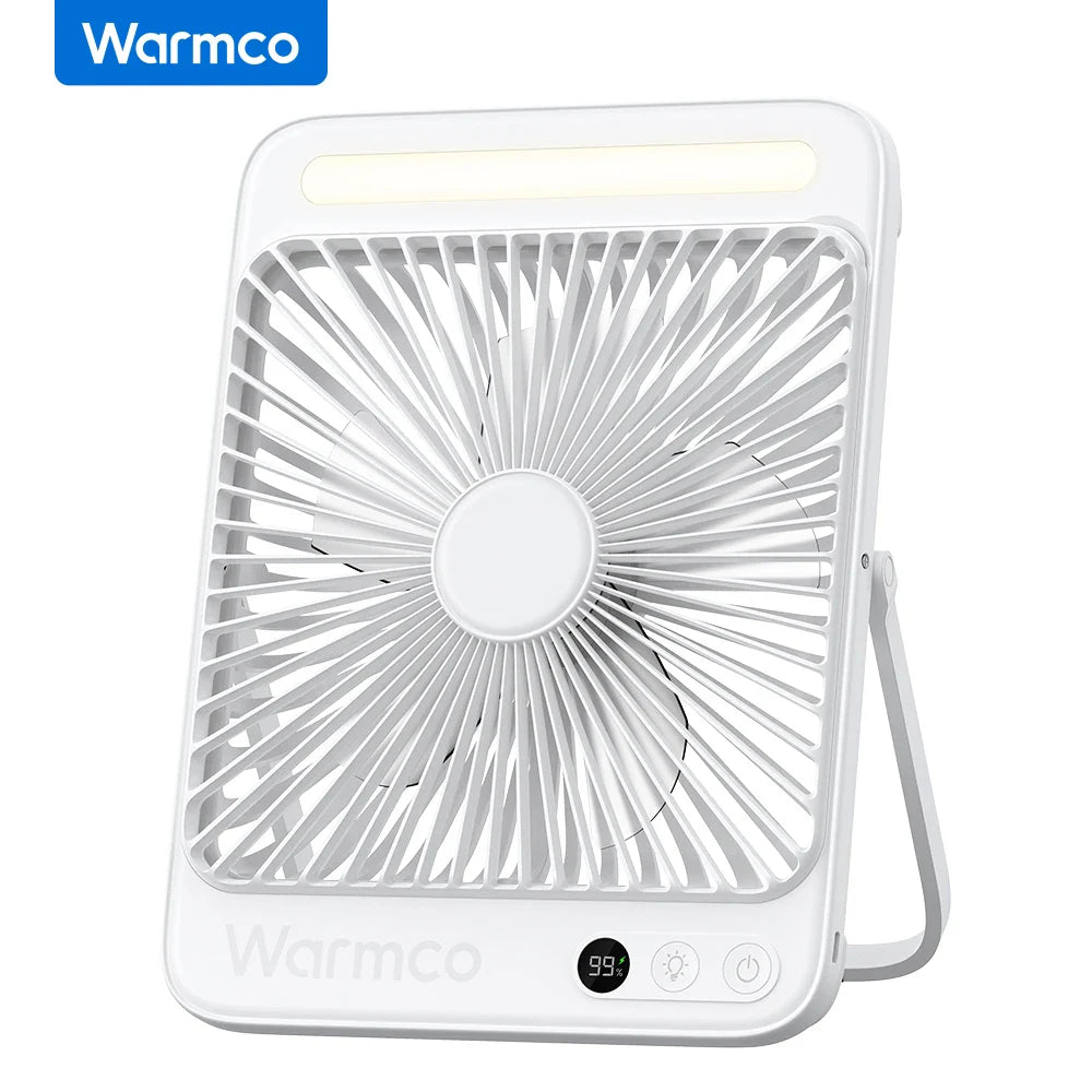 Warmco D4 Portable Desk Fan – 8" Rechargeable Camping Fan with 20000mAh Battery, Light, 48H Runtime, Silent Operation, Digital Display