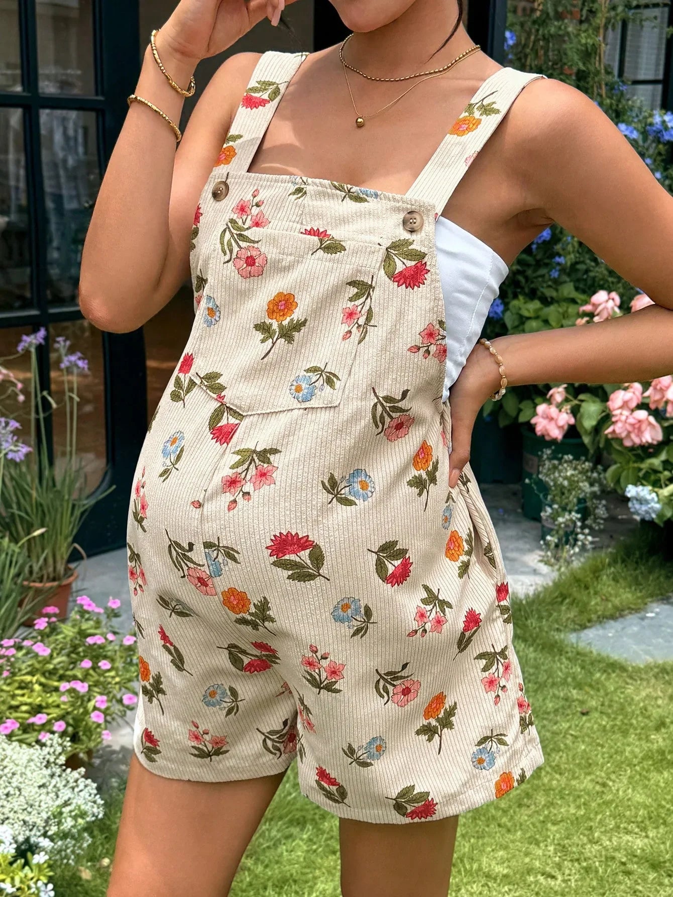 Women’s Maternity Jumpsuit – Casual Printed Pants with Adjustable Waist & Suspenders, Comfortable Pregnancy Shorts