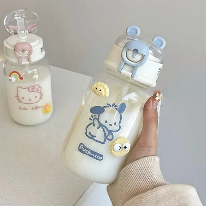Sanrio Anime Transparent Straw Cup – Hello Kitty & Pochacco 500ML Plastic Water Cup with Handle for Students