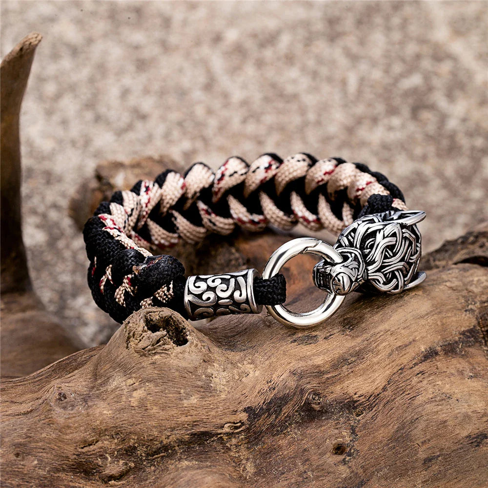Vintage Norse Runes Celtic Wolf Survival Rope Bracelet - Handmade Stainless Steel Wristband for Men, Vikings Jewelry