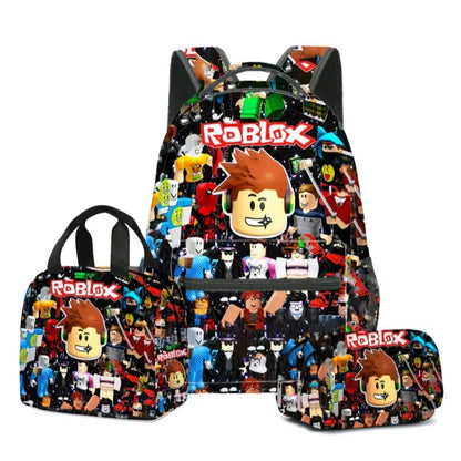 3pcs Roblox Cartoon Print Bag Set – School Backpack, Lunch Bag & Pencil Case for Students, Birthday Gift Set