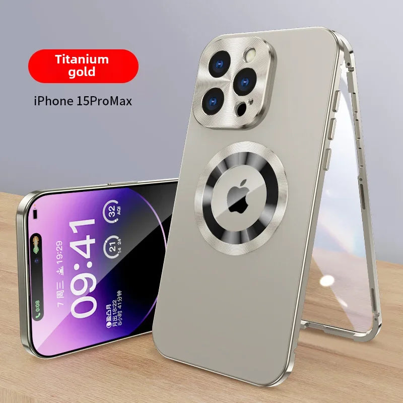 Magnetic Absorption Phone Case for iPhone 16/15/14/13 Pro Max – Aluminum Alloy & Glass Full-Body, Anti-Fall Protection