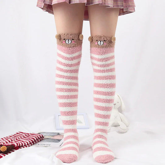 Japanese Girl Animal Knee Socks – Cute Striped Compression Thigh-High Warm Socks for Autumn & Winter