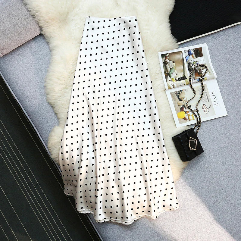 Seoulish Women’s Vintage Polka Dot Satin Mermaid Skirt – High Waist Midi Length Casual Spring Summer Fashion Skirt 2026