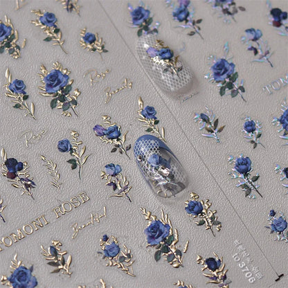 Vintage Rose Flower Nail Stickers – Red & Blue Laser Gold/Silver Nail Art Decals for Manicure Design DIY Beauty Tool