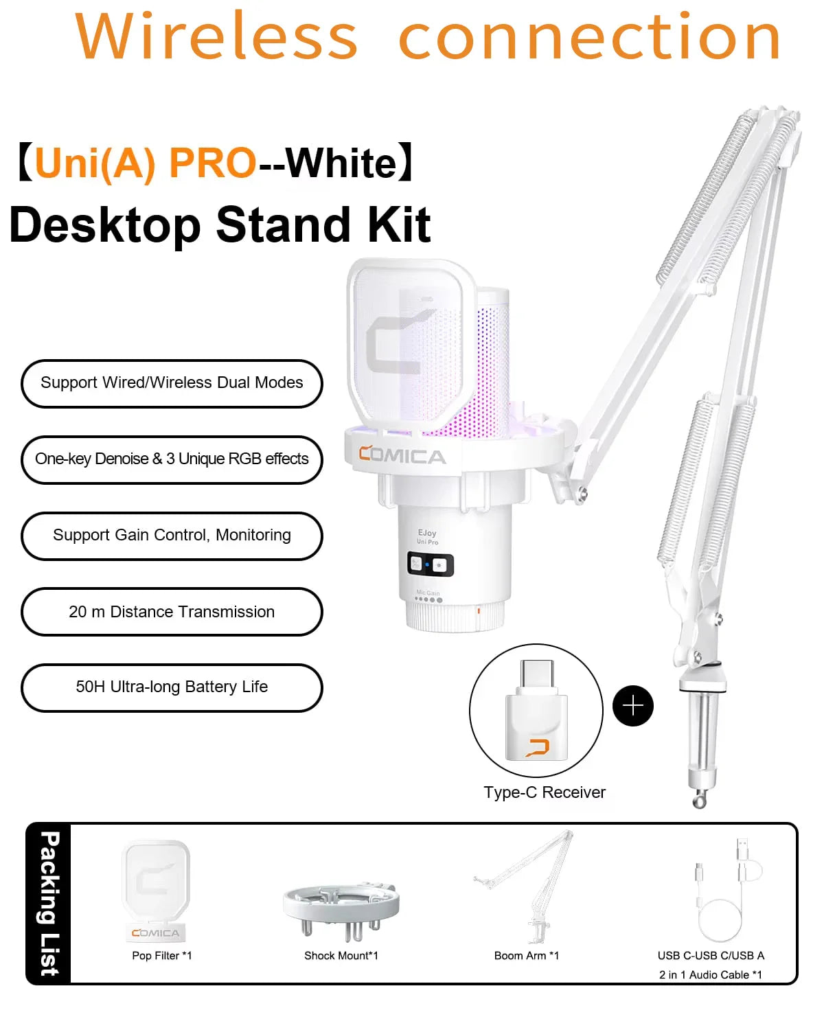 COMICA Uni Pro Wireless USB Gaming Microphone – Noise-Canceling Condenser Mic with RGB Lights for PC, Laptop & Smartphone