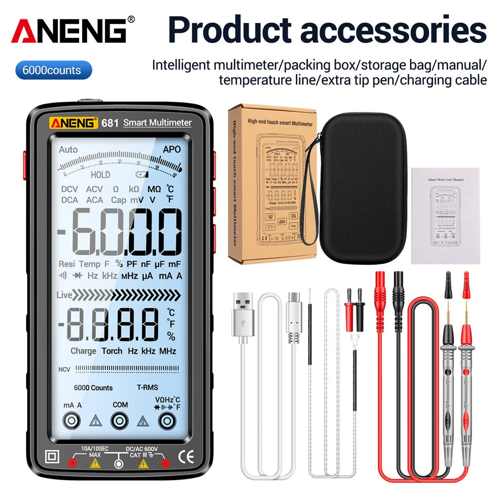 ANENG 681 Rechargeable Digital Multimeter — Professional Non-Contact AC/DC Voltage & Current Tester with LCD Screen