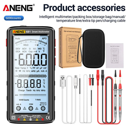 ANENG 681 Rechargeable Digital Multimeter — Professional Non-Contact AC/DC Voltage & Current Tester with LCD Screen