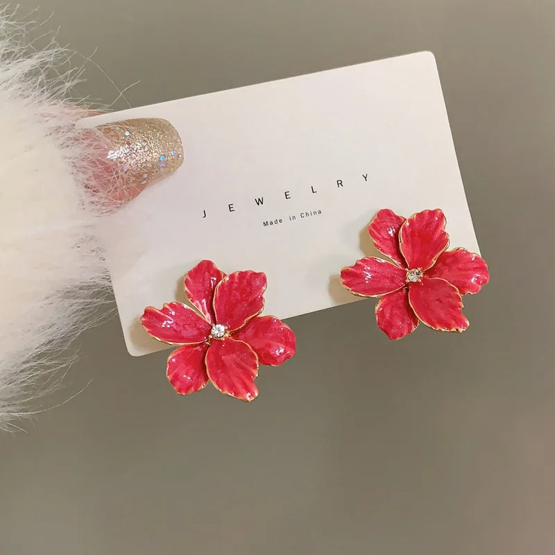Modern 925 Silver Red Flower Stud Earrings — Spring/Summer Popular Big Earrings for Women & Girls, Fashion Jewelry Gift