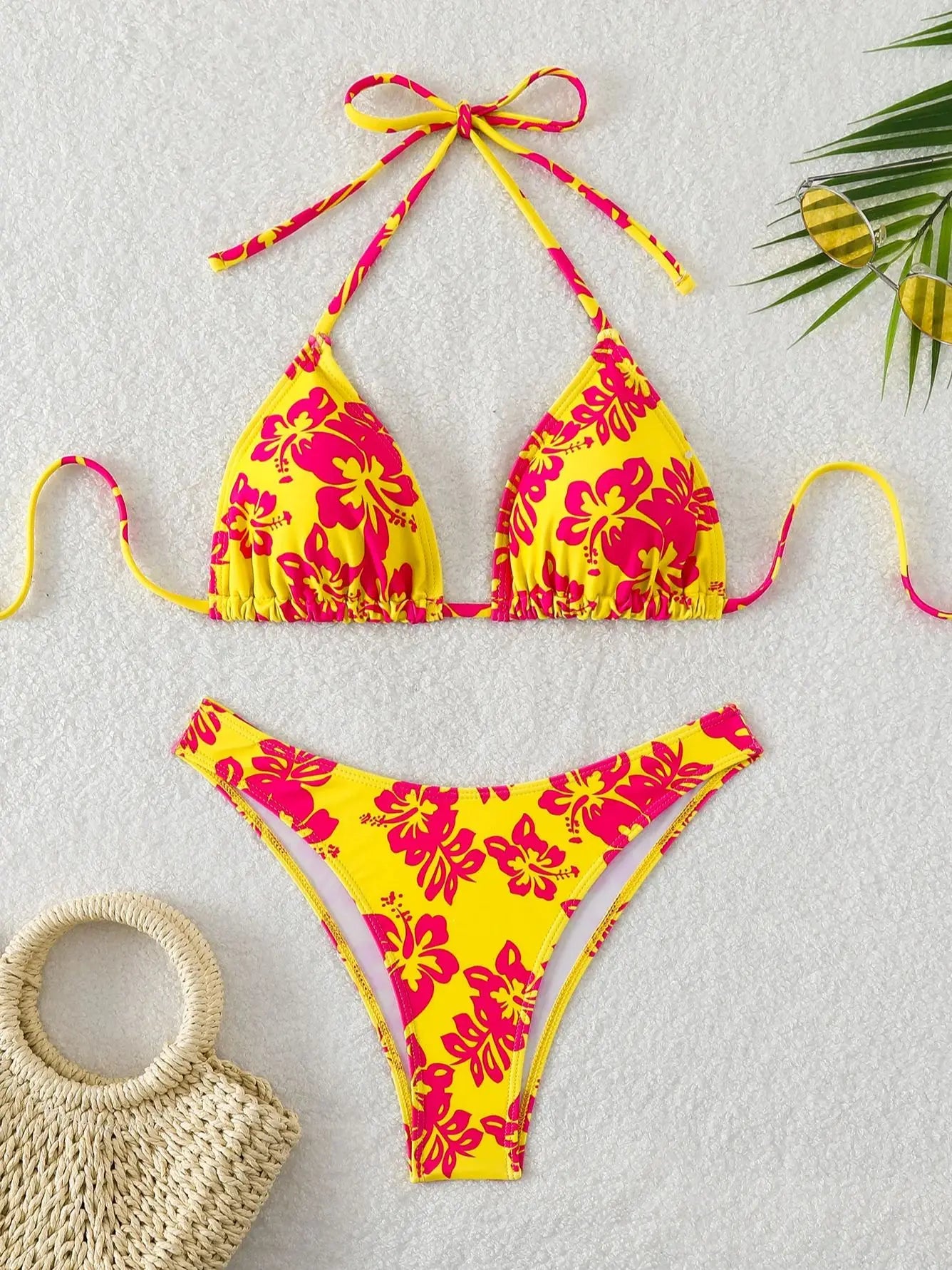 Retro Floral Print Bikini Set - Women's High Waisted Lace Up 2 Piece Summer Swimsuit Beachwear