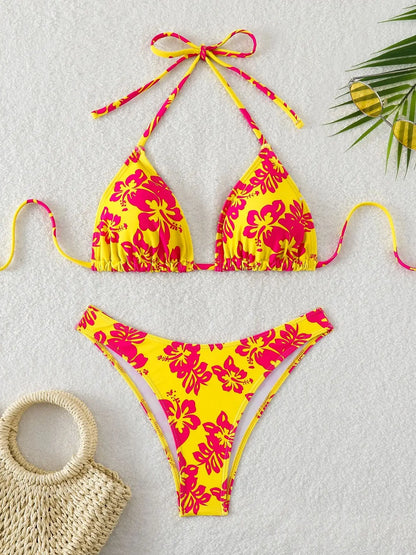 Retro Floral Print Bikini Set - Women's High Waisted Lace Up 2 Piece Summer Swimsuit Beachwear