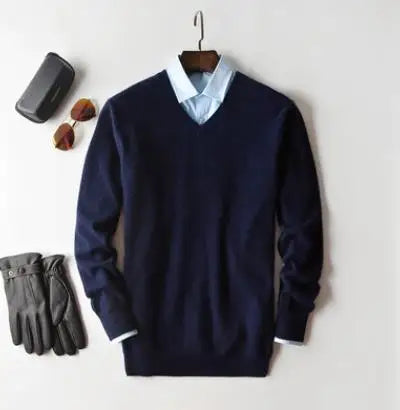 Men’s Classic V-Neck Pullover Sweater – 2024 Autumn Winter Cashmere-Cotton Blend Warm Jumper