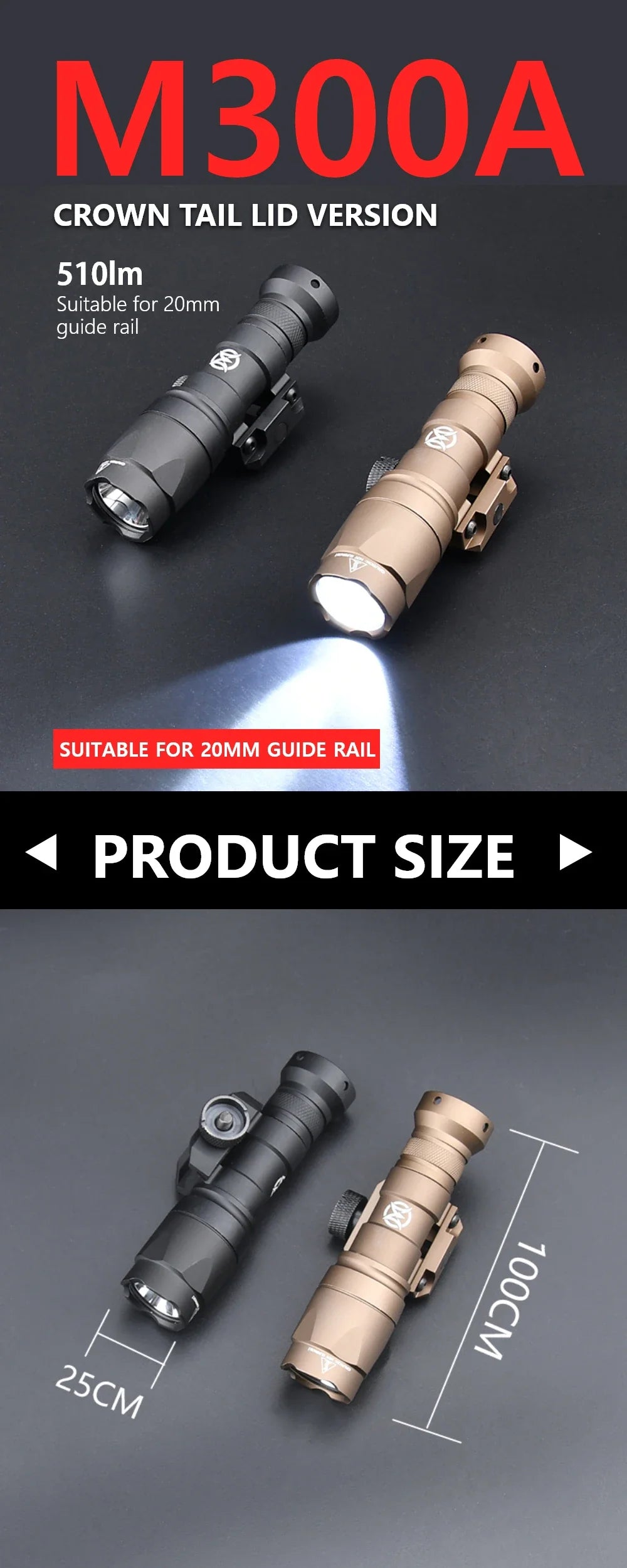 WADSN Surefire M300A Tactical Flashlight - Mini Weapon Scout LED Light, 20MM Rail Mount, Momentary & Constant-On Mode