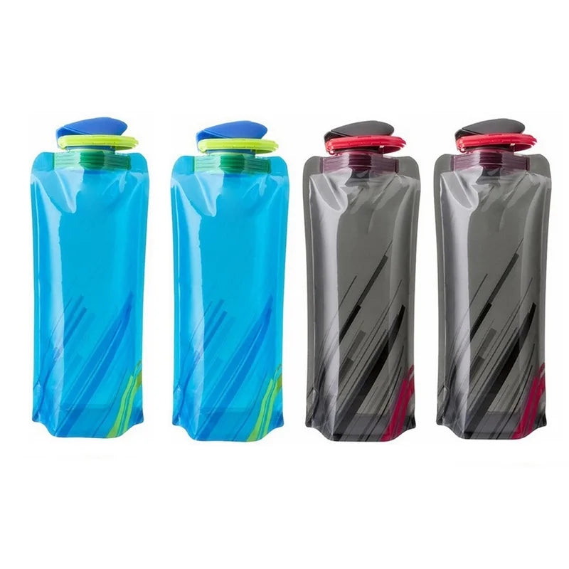 Foldable Reusable Travel Water Bottle - Flexible Plastic Water Pouch Soft Flask with Carabiner Clip