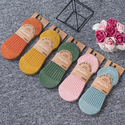 5 Pairs Women's Silicone Invisible Boat Socks - Summer Solid Color Ankle Socks, Soft Cotton Slipper, Size 35-40 EUR