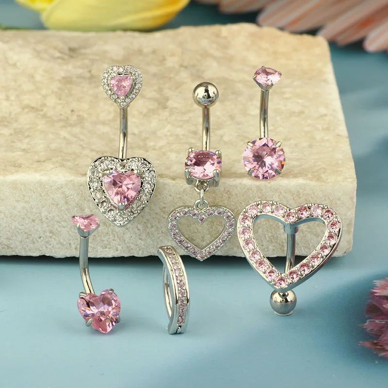 Pink Crown Belly Button Ring – Stainless Steel Heart Navel Piercing Barbell with Crystal for Women & Girls