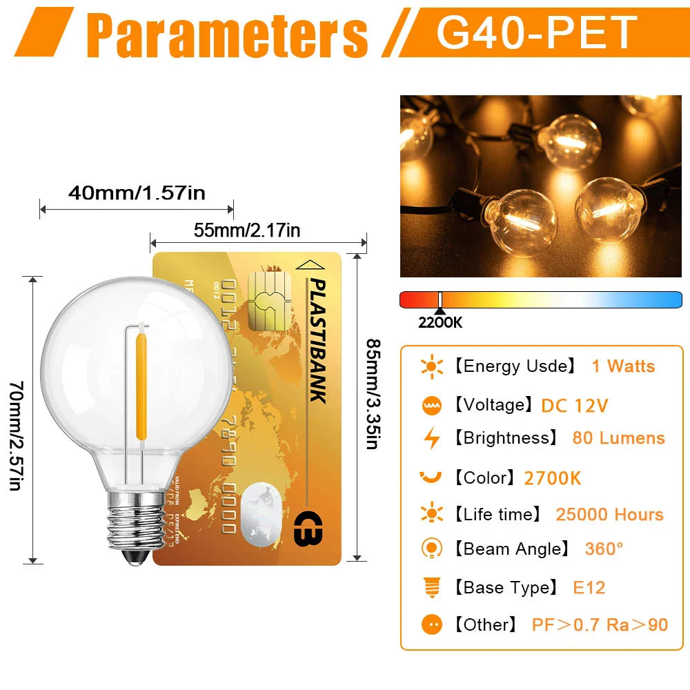 DC 12V E12 LED Globe Bulb 1W – Warm White G40 Low Voltage Solar String Light Replacement Bulbs for RV & Camping Interior Lighting