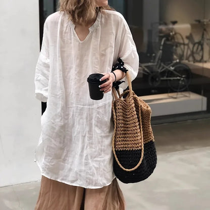 Women’s Cotton Linen Blouse - Loose Fit Long Sleeve Casual Pullover Shirt for Summer & Autumn