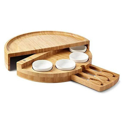 Cheese Board Set with Slide-Out Drawer – Cutlery Cutter, Slicer, Fork, Scoops & Kitchen Storage Tools