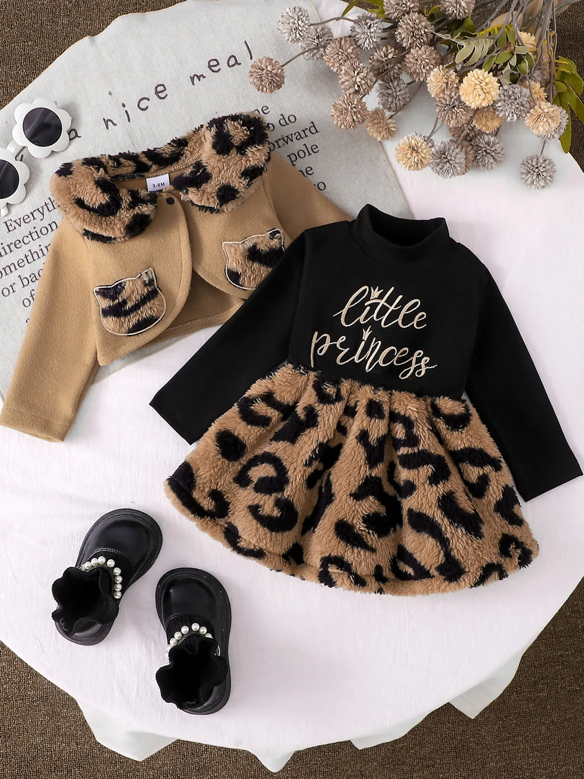 Baby Girl Leopard Print Plush Dress Set - Warm Lapel Short Coat Two-Piece Outfit for Autumn & Winter
