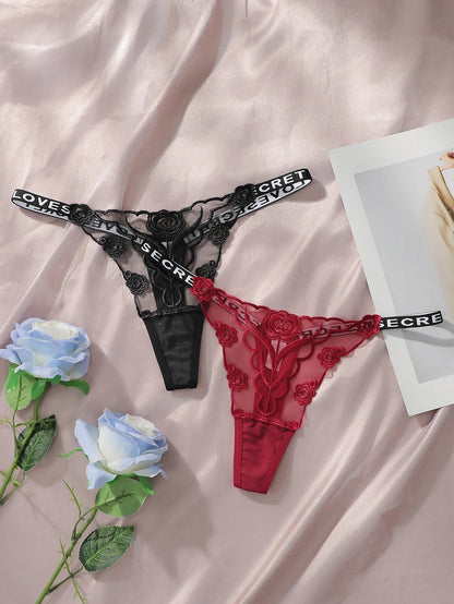2PCS Lace Thong Underwear Set - Sexy Ladies Black & White Floral Embroidered Panties for Women
