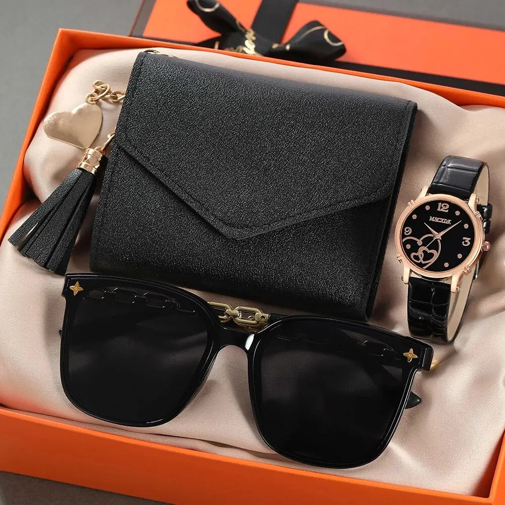 Women’s Fashion Leather Belt Watch Set – Butterfly Wallet, Glasses, and Quartz Wristwatch Dress Clock Montre Femme