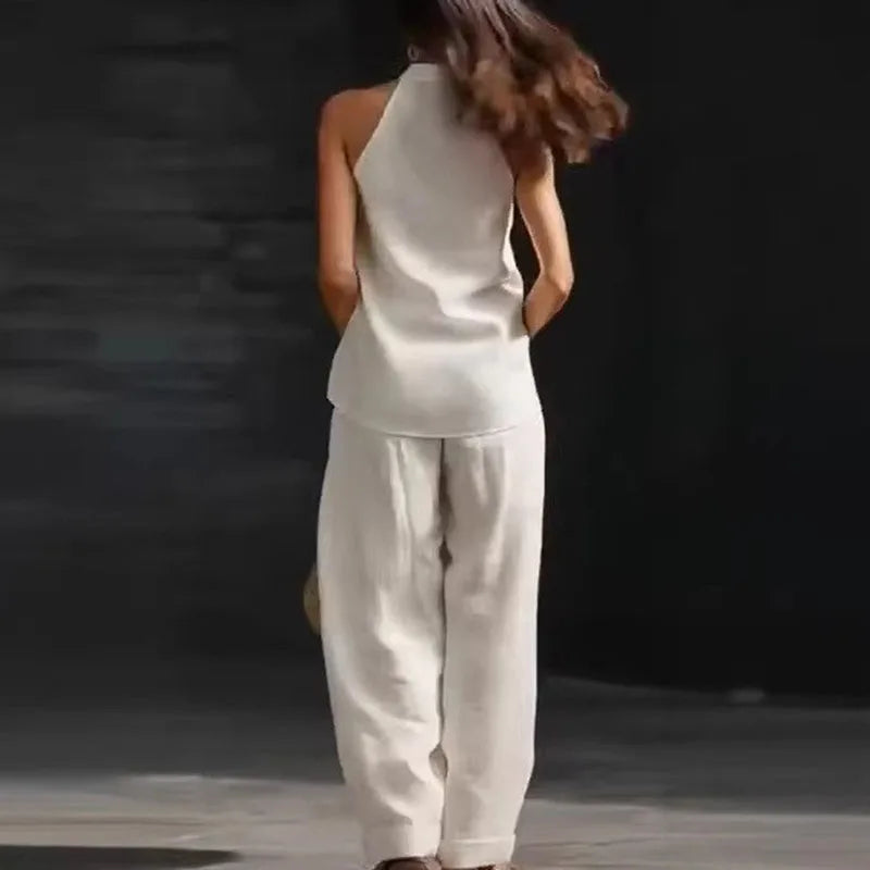 2026 Women’s Spring Retro Cotton Linen Set – Elegant V-Neck Sleeveless Top & Wide-Leg Trousers Summer Outfit