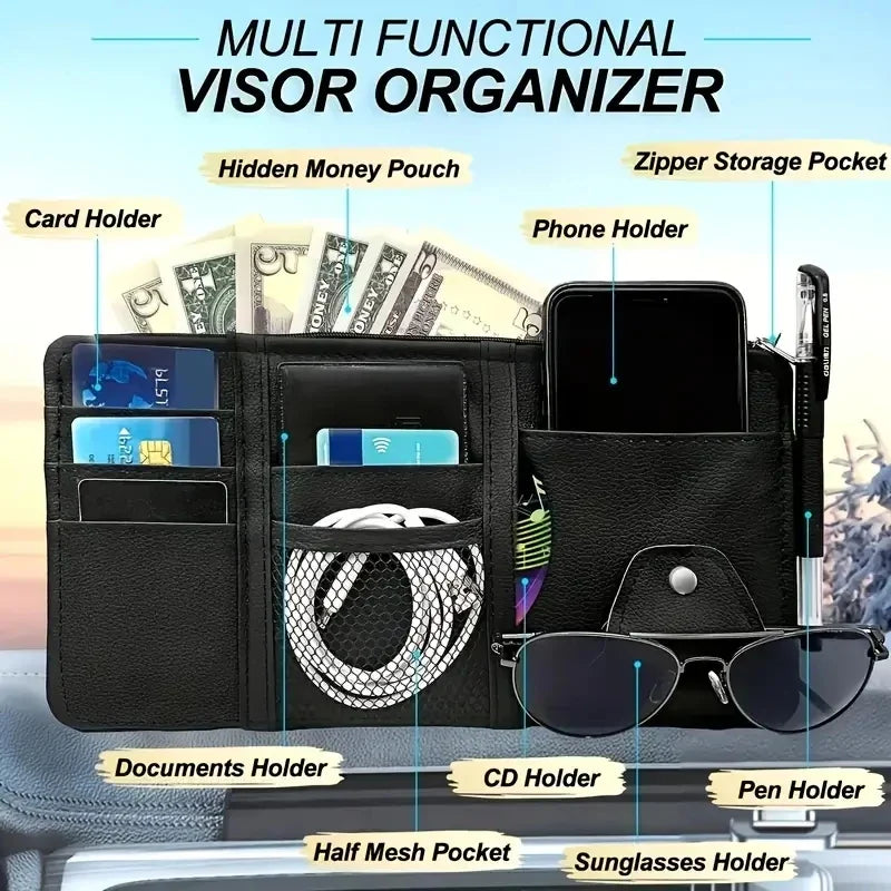 Car Sun Visor Organizer – Sunglass & Mobile Holder, Multi-Pocket Card Storage Pouch for Auto Interior