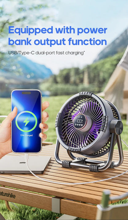 KINSCOTER 6-in-1 Portable Camping Fan — 20000mAh Rechargeable Outdoor Fan with 4 Speeds, Hook & LED Light
