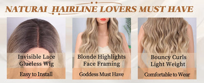 26-Inch Synthetic Ombre Blonde Wavy Wig for Women — Long Middle Part Curly, Heat-Resistant Natural-Look Hair