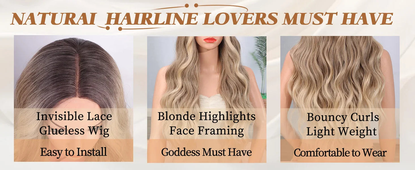 26-Inch Synthetic Ombre Blonde Wavy Wig for Women — Long Middle Part Curly Heat-Resistant Hair Fiber