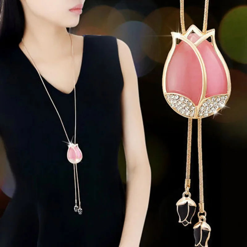 Opal Tulip Long Sweater Necklace – Elegant Floral Pendant Chain for Women Autumn Winter Fashion Accessories