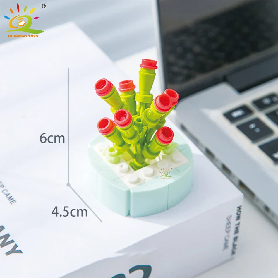 HUIQIBAO MOC Flower & Succulent Potted Building Block Set – DIY Eternal Bouquet, Home Desk Plant Decor, Girls & Kids Toy Gift