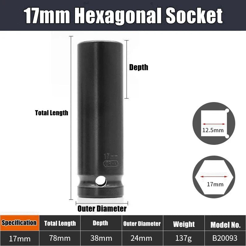 1/2" Drive Deep Impact Socket – Metric Wrench Socket for Pneumatic Tools, Tire Removal & Heavy-Duty Automotive Use