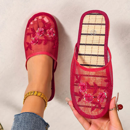 Women’s Embroidered Sequin Flower Mules - Breathable Mesh Closed-Toe Soft Sole Summer Sandals