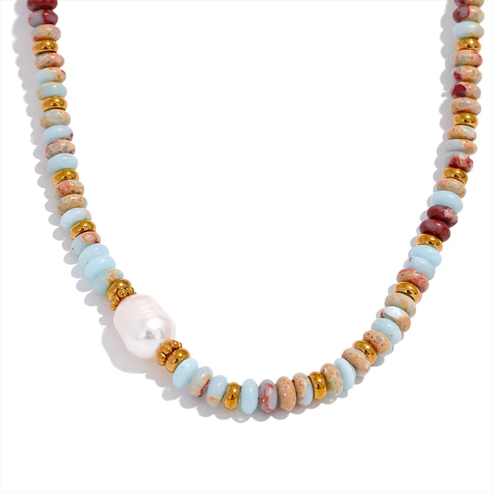 Yhpup Natural Stone & Freshwater Pearl Necklace – Stainless Steel Handmade Beaded Collar Chain Jewelry Gift