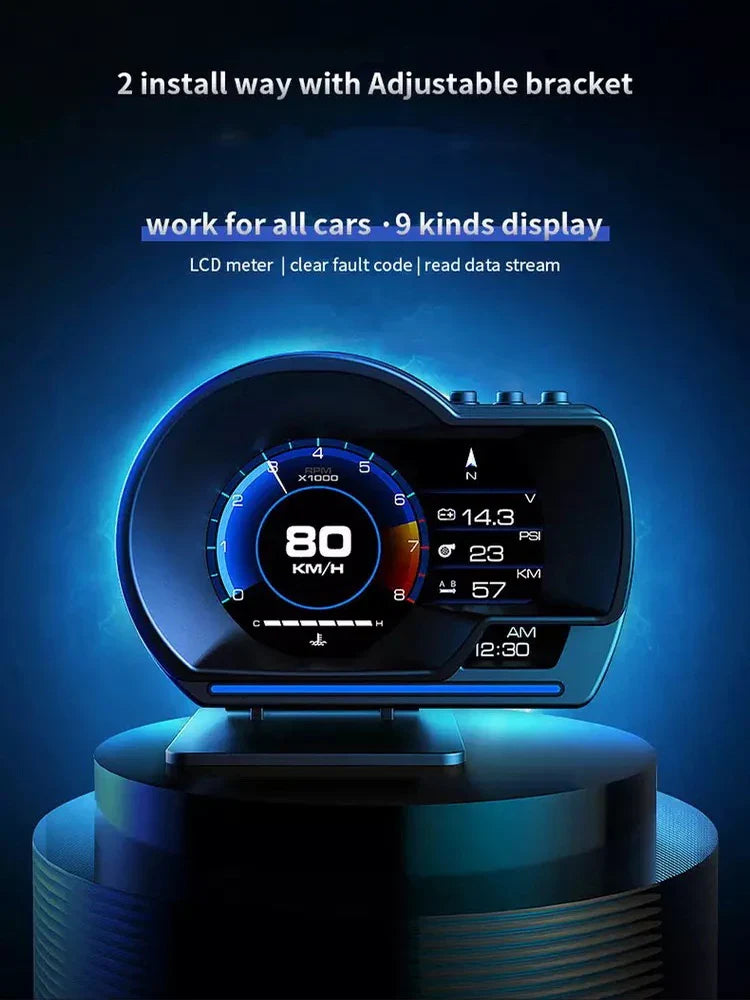 A501 Car Head-Up Display — OBD2 Smart HUD with Turbo Gauge, Digital Odometer, Security Alarm, Water & Oil Temp, RPM Auto Meter