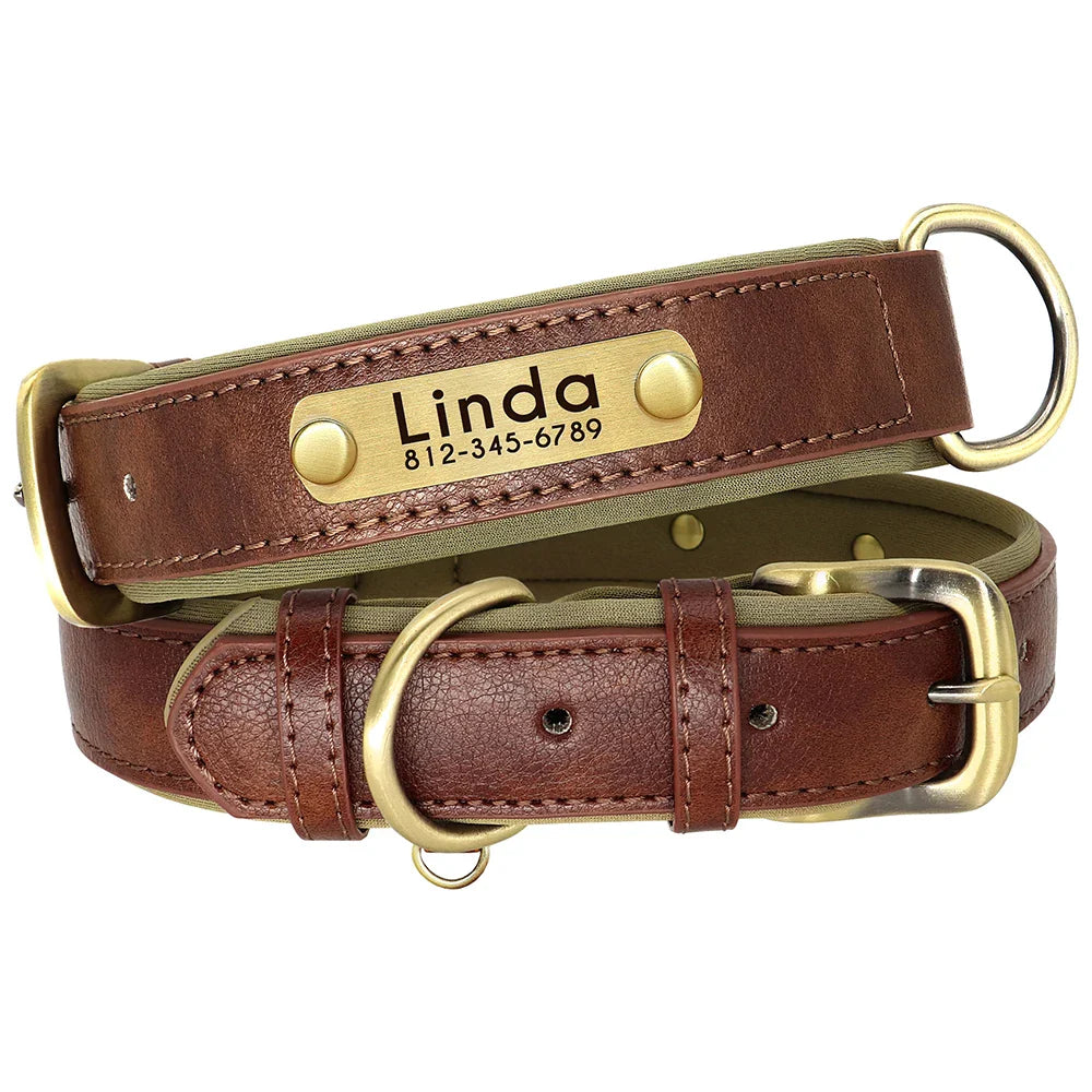 Customized Leather Dog Collar & Leash Set – Soft Padded Adjustable Collar for Small, Medium & Large Dogs with Engraved Nameplate